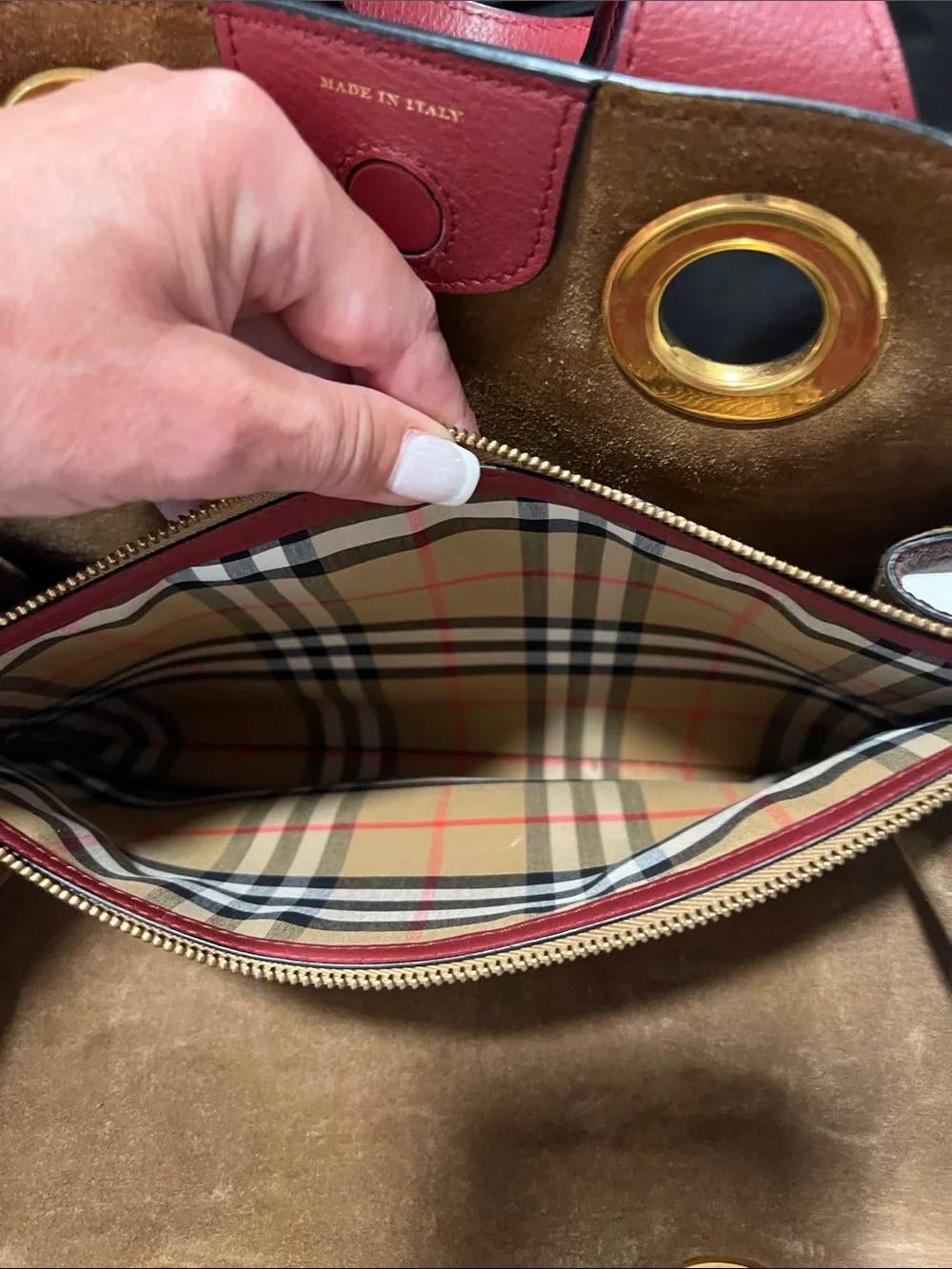 Burberry Red Leather Satchel with Gold Grommet Accents